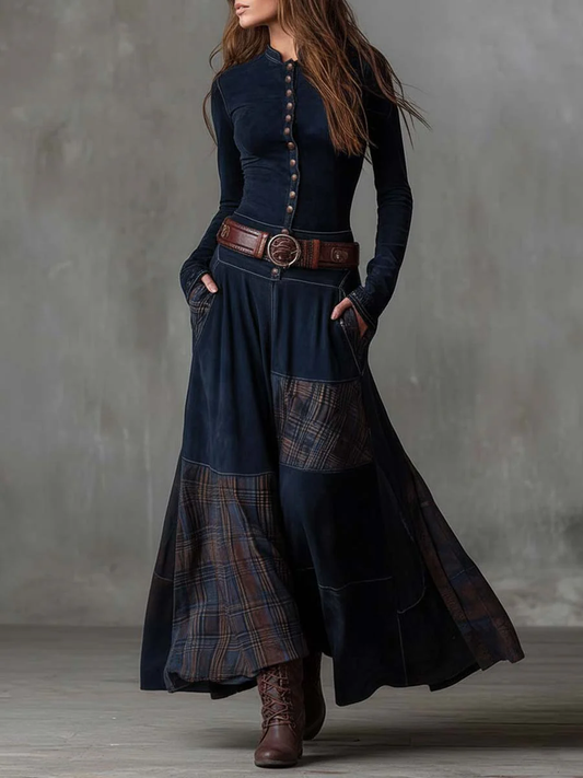 Elise - Patchwork-Maxikleid in Wildlederoptik
