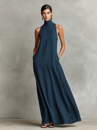 Solenne - Hochgeschlossenes Leinenmix-Maxikleid