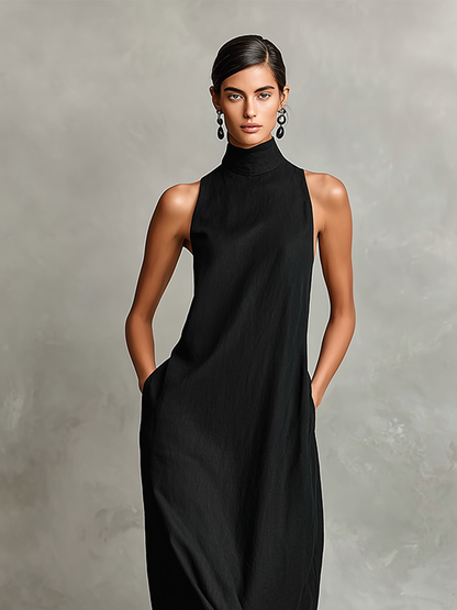 Solenne - Hochgeschlossenes Leinenmix-Maxikleid