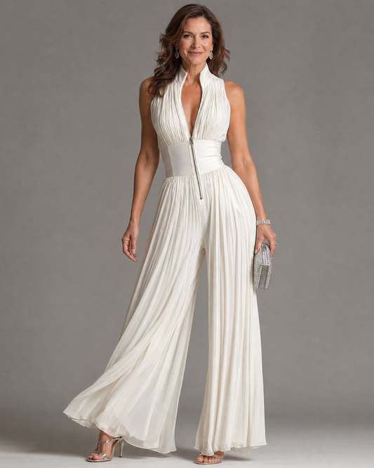 Kelley - Faltiger Halterneck Jumpsuit mit weitem Bein