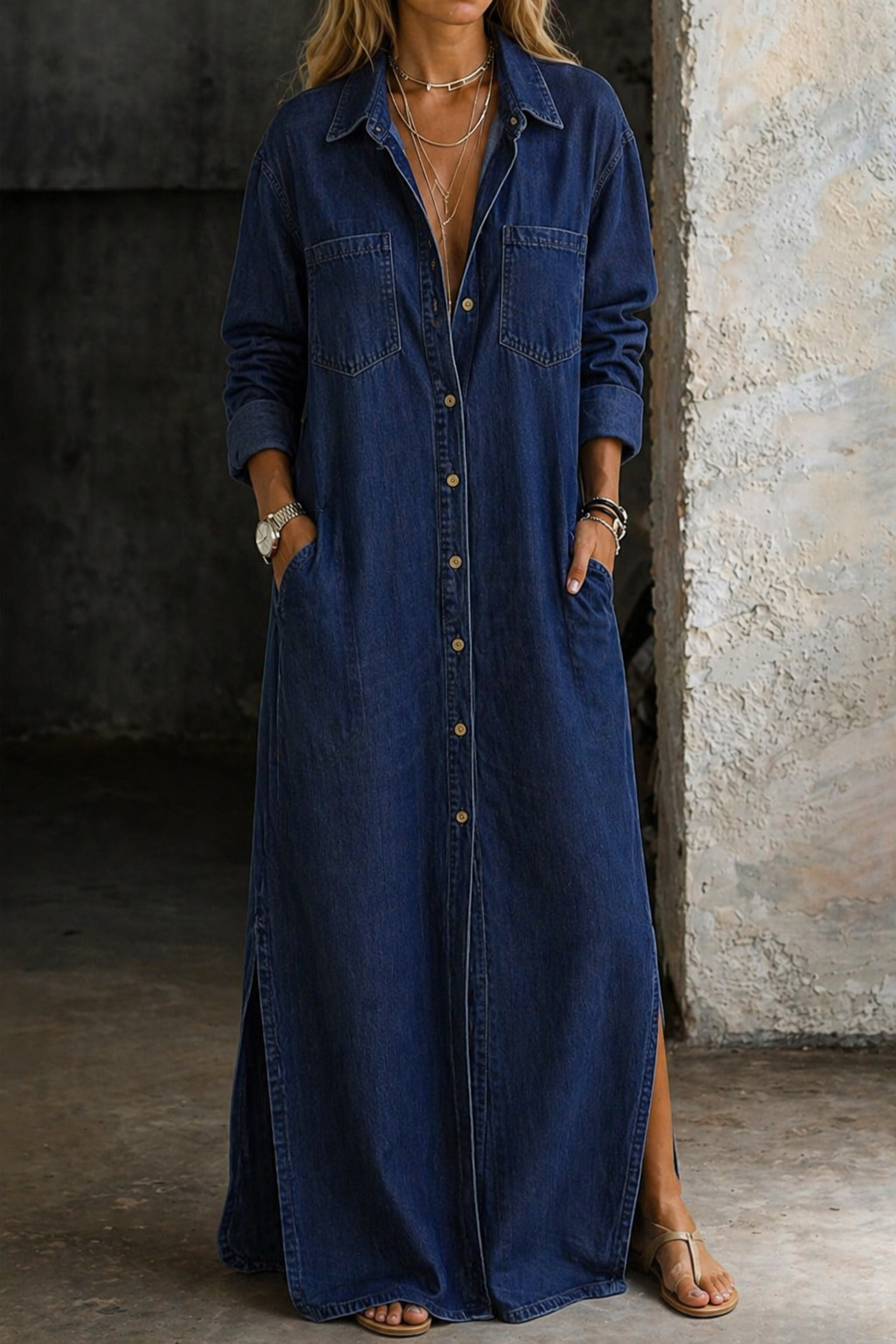Velessa - Geknöpftes Maxi-Hemdblusenkleid