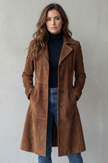 Disa - Geknöpfte Langjacke in Veloursleder-Optik
