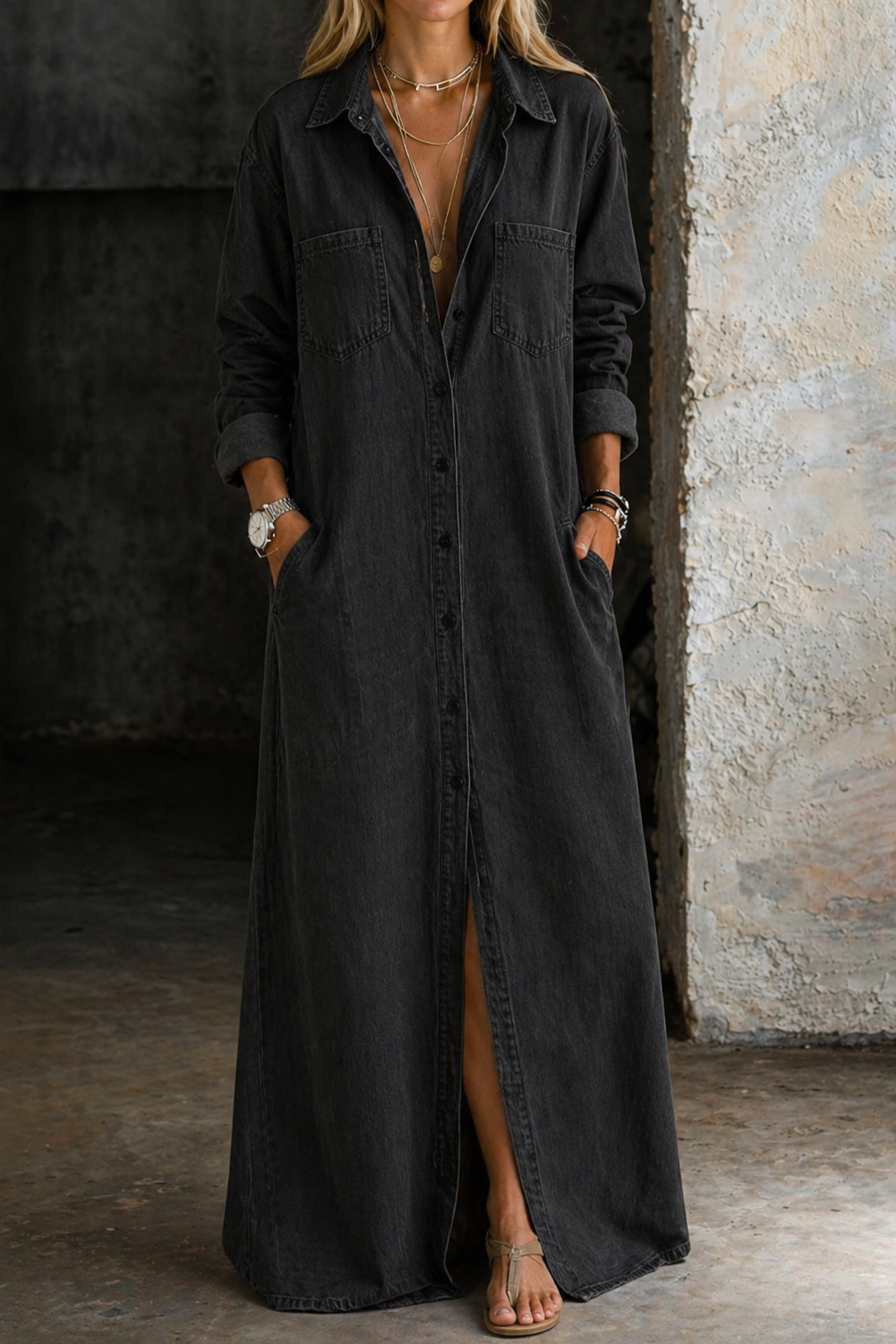 Velessa - Geknöpftes Maxi-Hemdblusenkleid