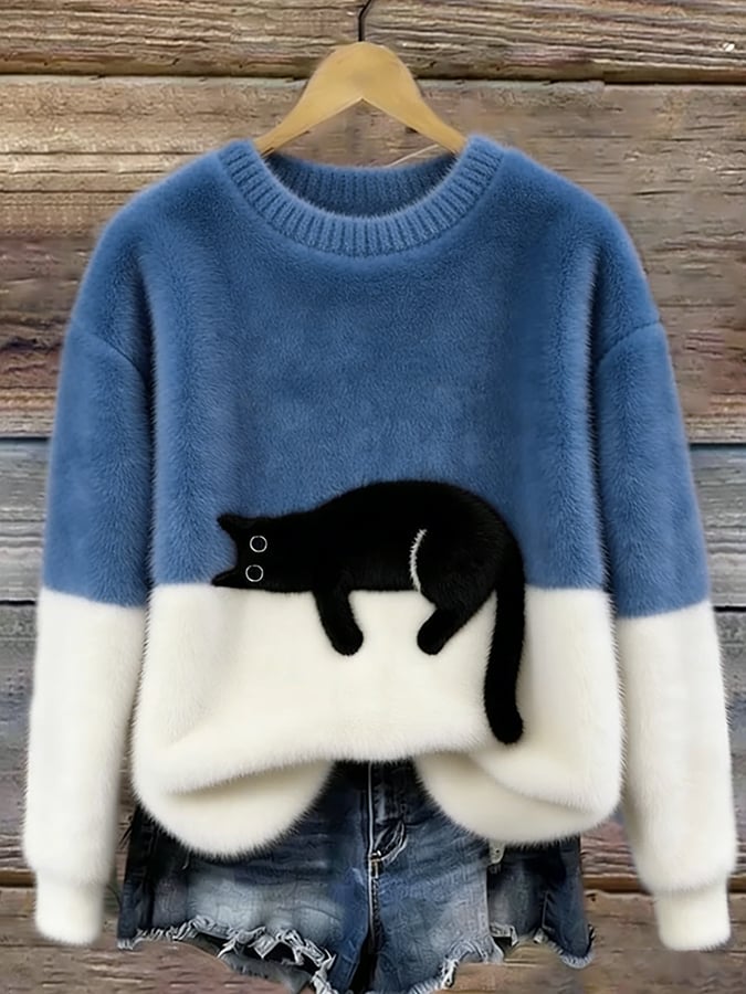 Doreen - Oversize-Strickpullover mit Katzenmotiv