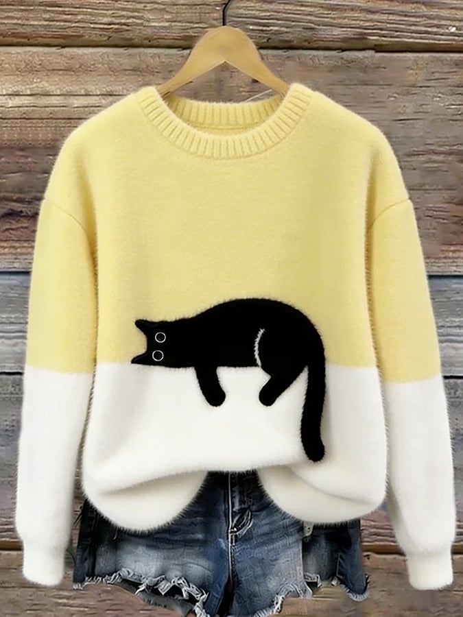 Doreen - Oversize-Strickpullover mit Katzenmotiv