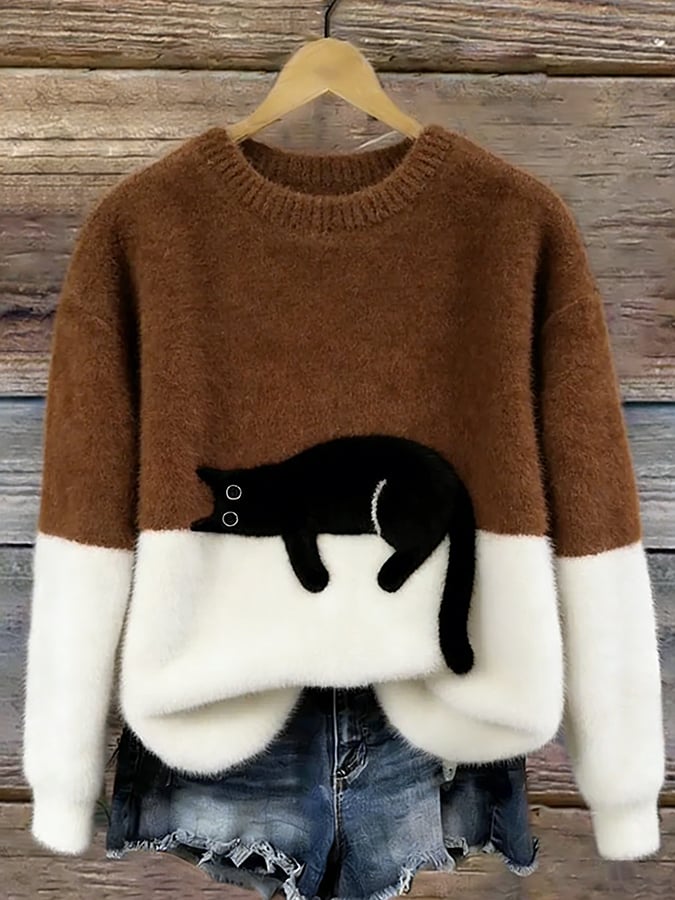 Doreen - Oversize-Strickpullover mit Katzenmotiv