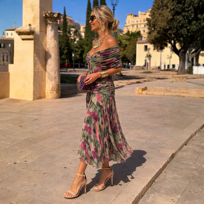 Mikaela - Schulterfreies Chiffon-Maxikleid