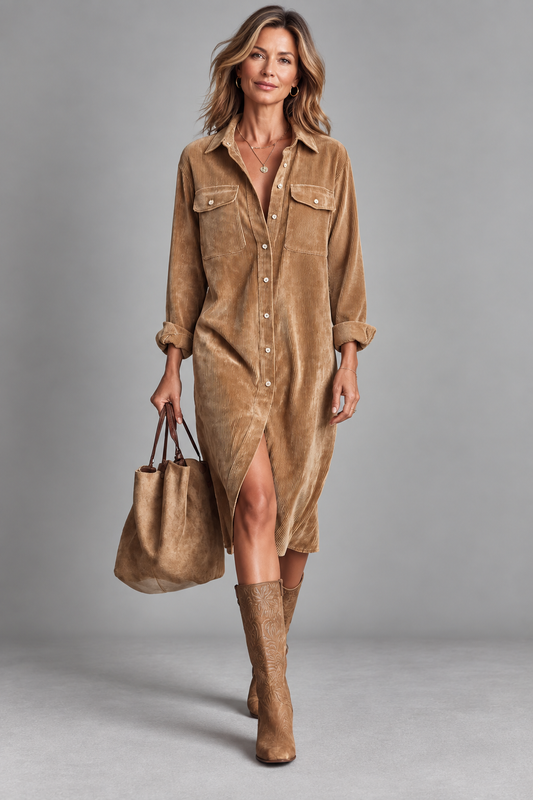 Anouk - Braunes Hemdblusenkleid mit Frontschlitz