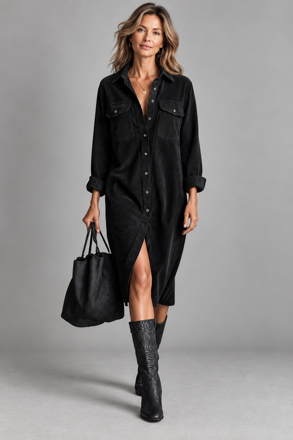 Anouk - Braunes Hemdblusenkleid mit Frontschlitz