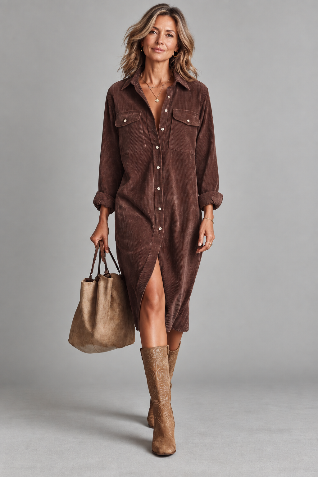 Anouk - Braunes Hemdblusenkleid mit Frontschlitz