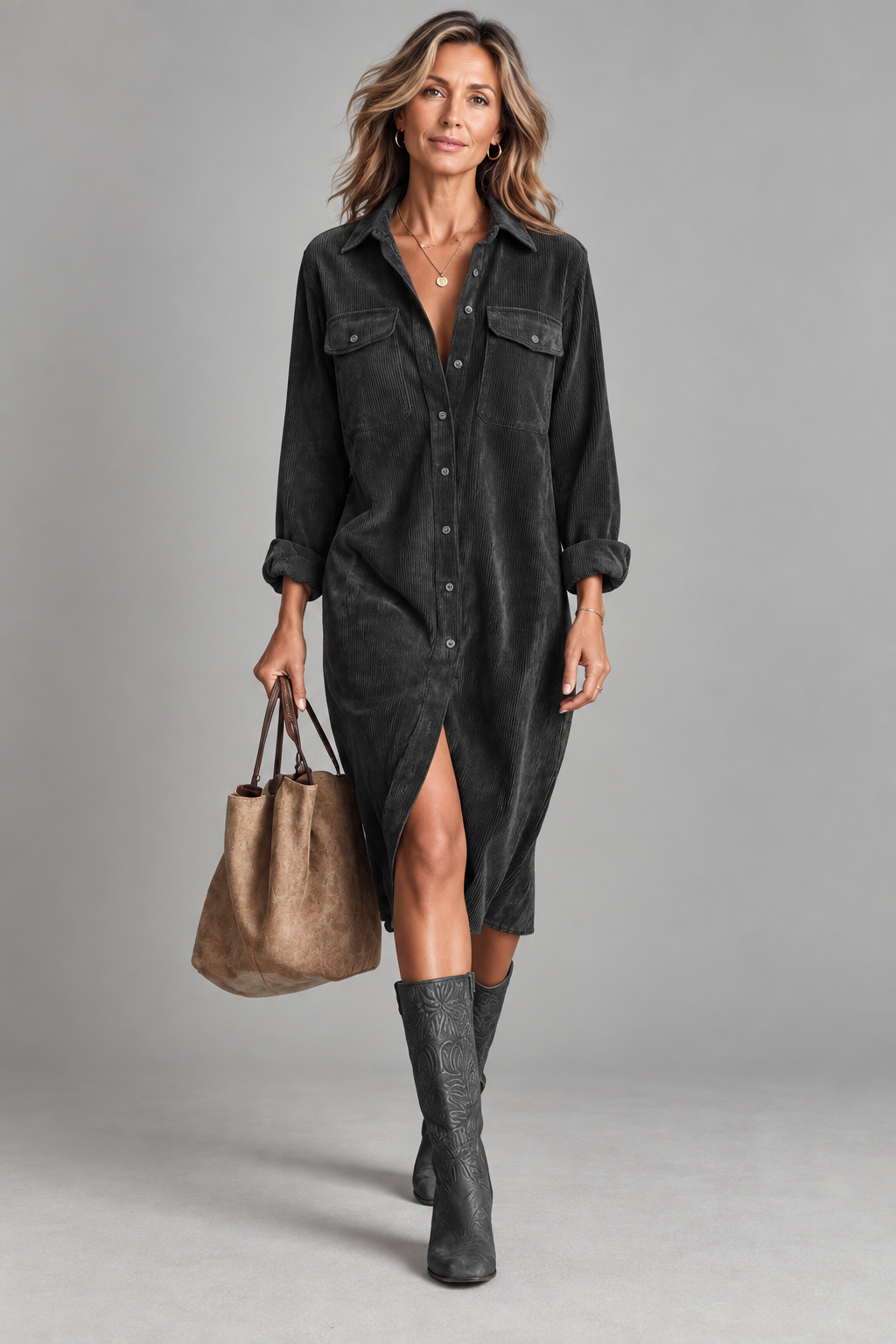 Anouk - Braunes Hemdblusenkleid mit Frontschlitz