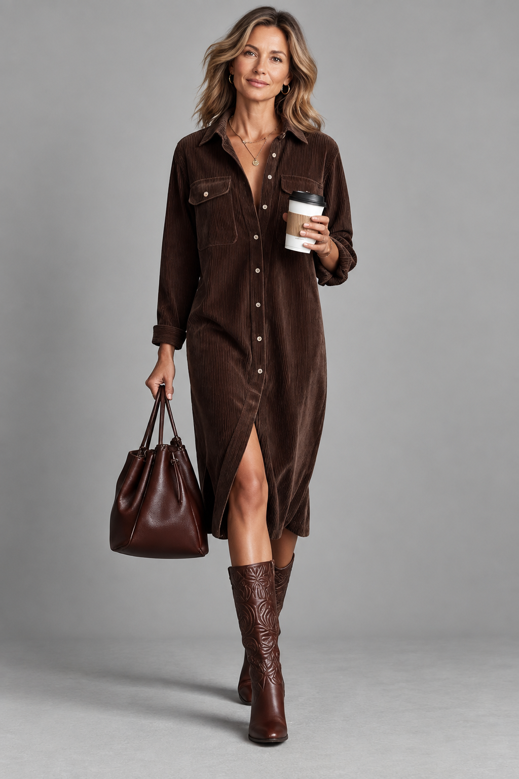 Anouk - Braunes Hemdblusenkleid mit Frontschlitz