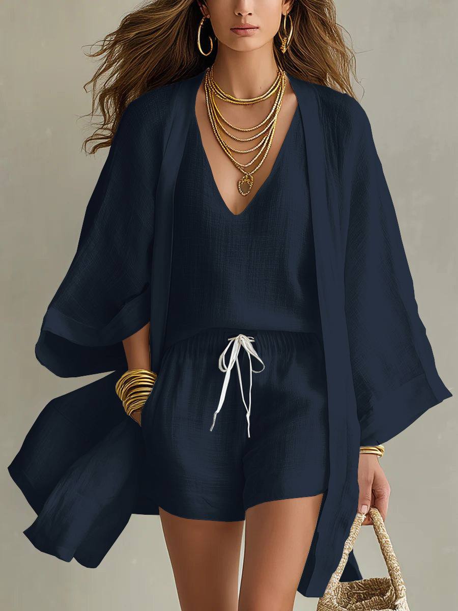 Aureva - Leinen-Dreiteiler mit Strickjacke