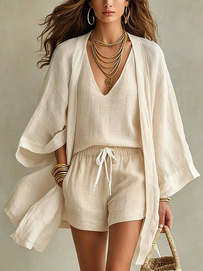 Aureva - Leinen-Dreiteiler mit Strickjacke
