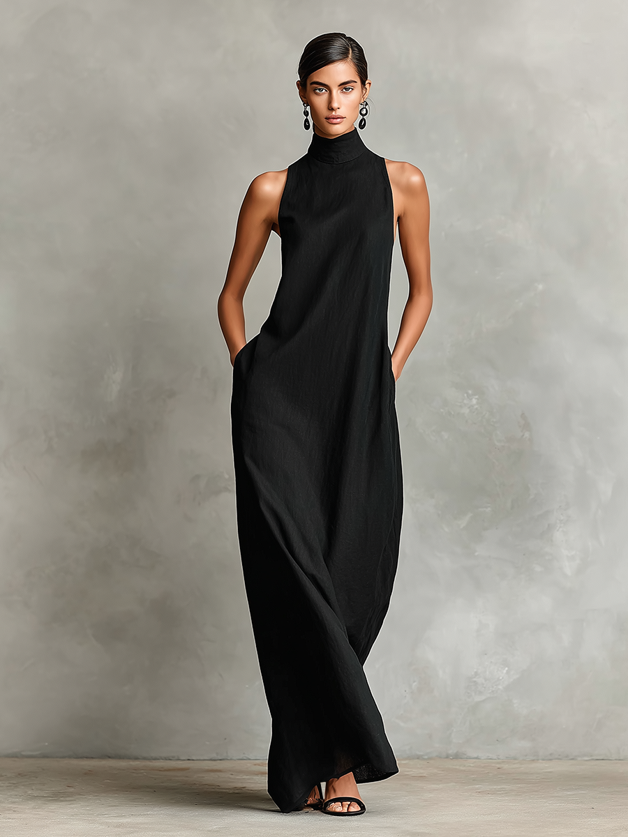 Caterina - Hochgeschlossenes Leinenmix-Maxikleid