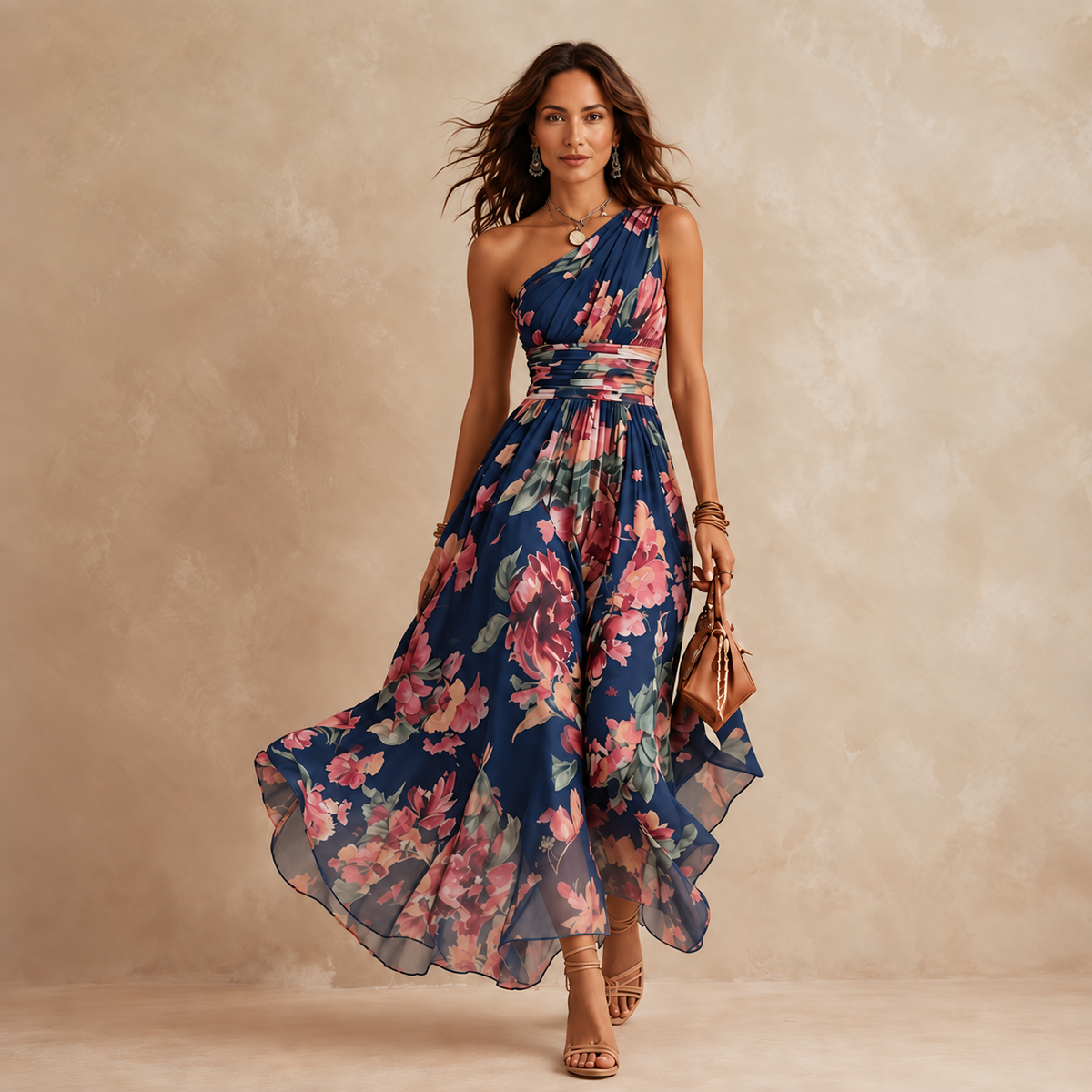 Celeste - Florales Chiffon-One-Shoulder-Maxikleid