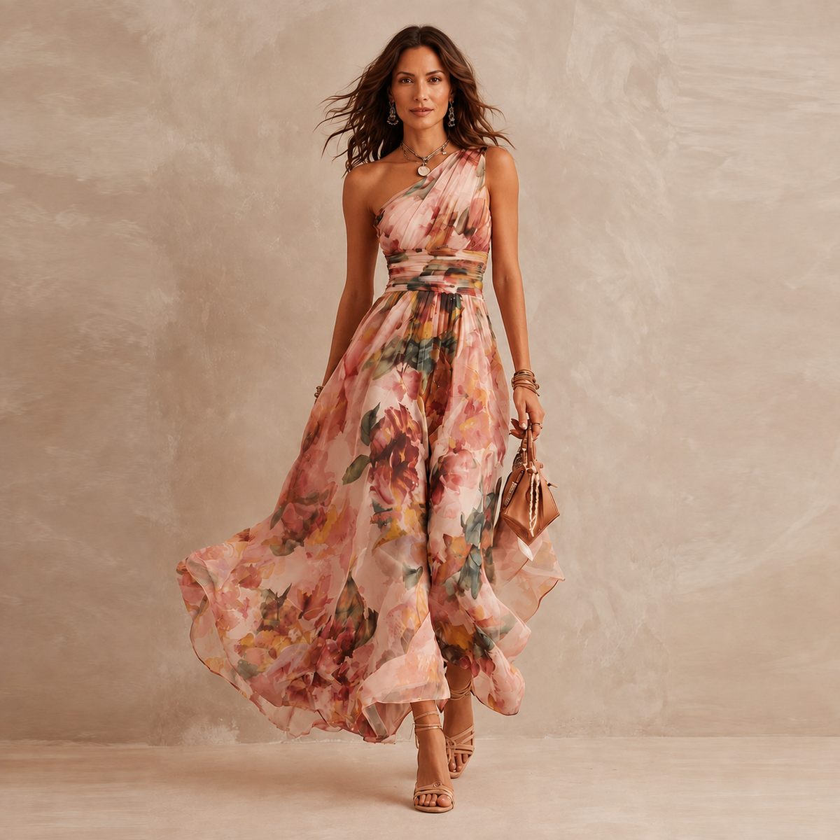Celeste - Florales Chiffon-One-Shoulder-Maxikleid