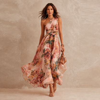 Celeste - Florales Chiffon-One-Shoulder-Maxikleid