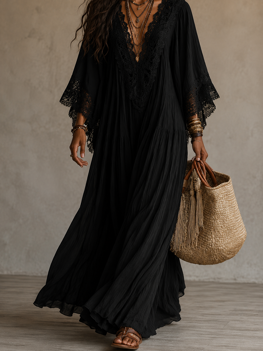 Rosalyn - Cremefarbenes Chiffon-Spitzen-Maxikleid