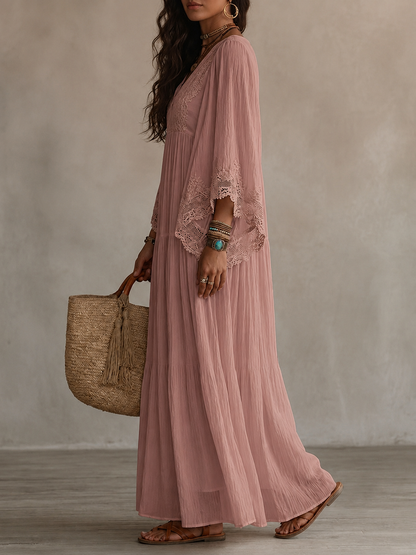 Rosalyn - Cremefarbenes Chiffon-Spitzen-Maxikleid