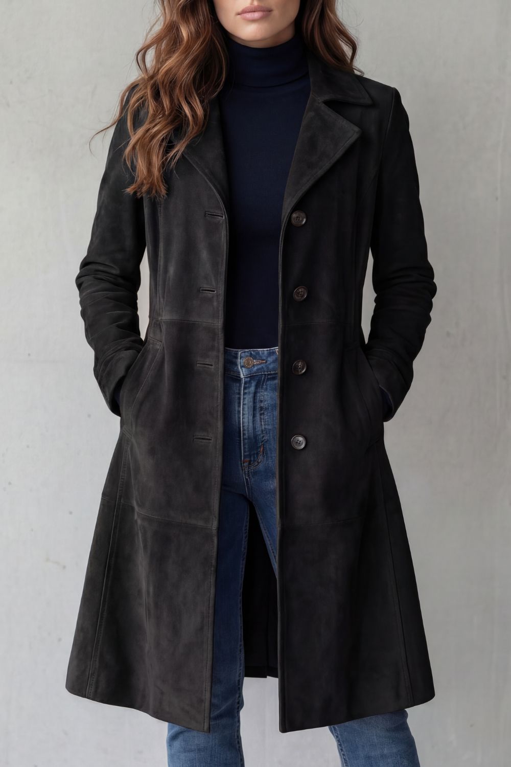 Disa - Geknöpfte Langjacke in Veloursleder-Optik