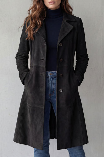 Disa - Geknöpfte Langjacke in Veloursleder-Optik