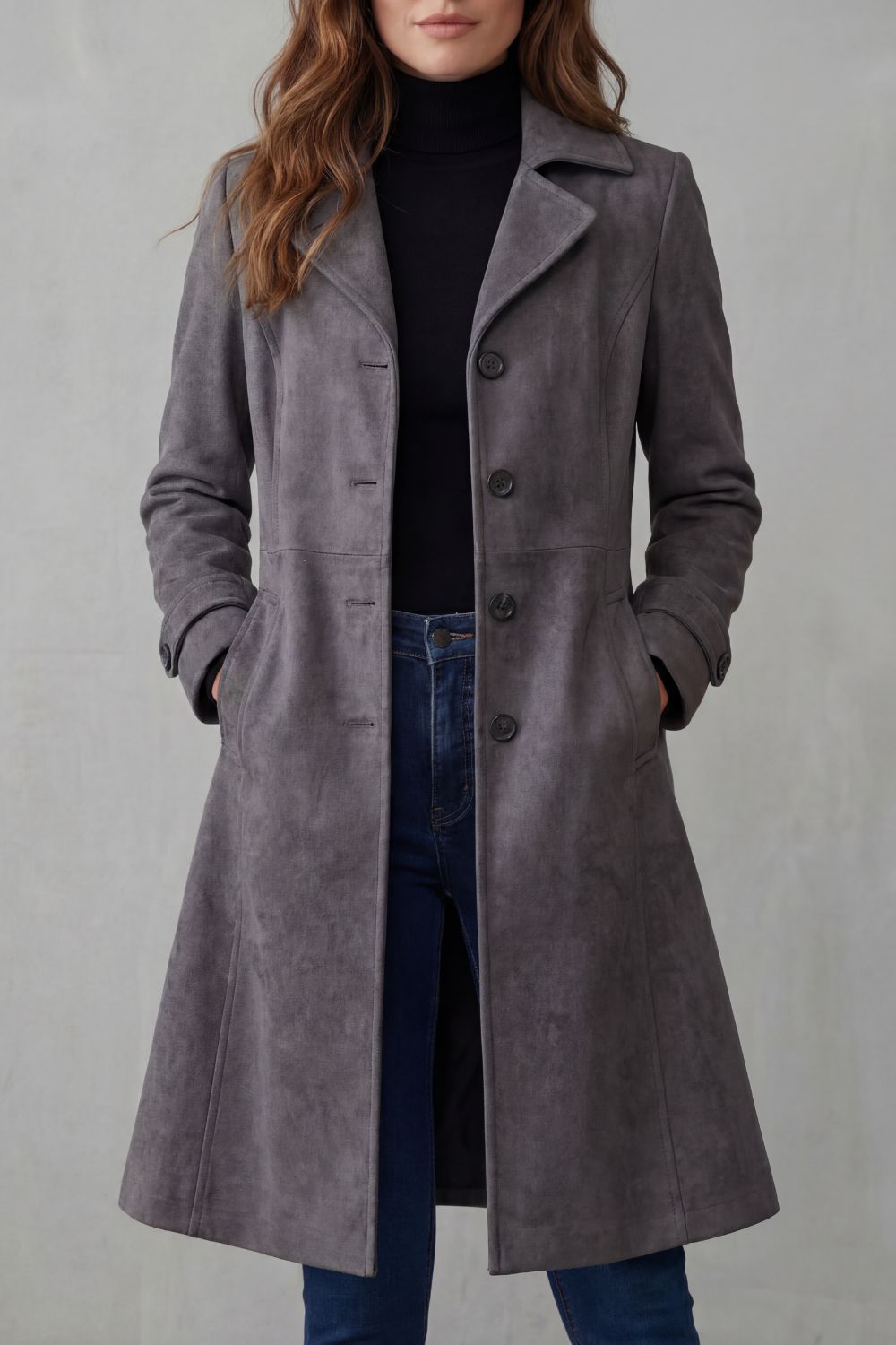Disa - Geknöpfte Langjacke in Veloursleder-Optik