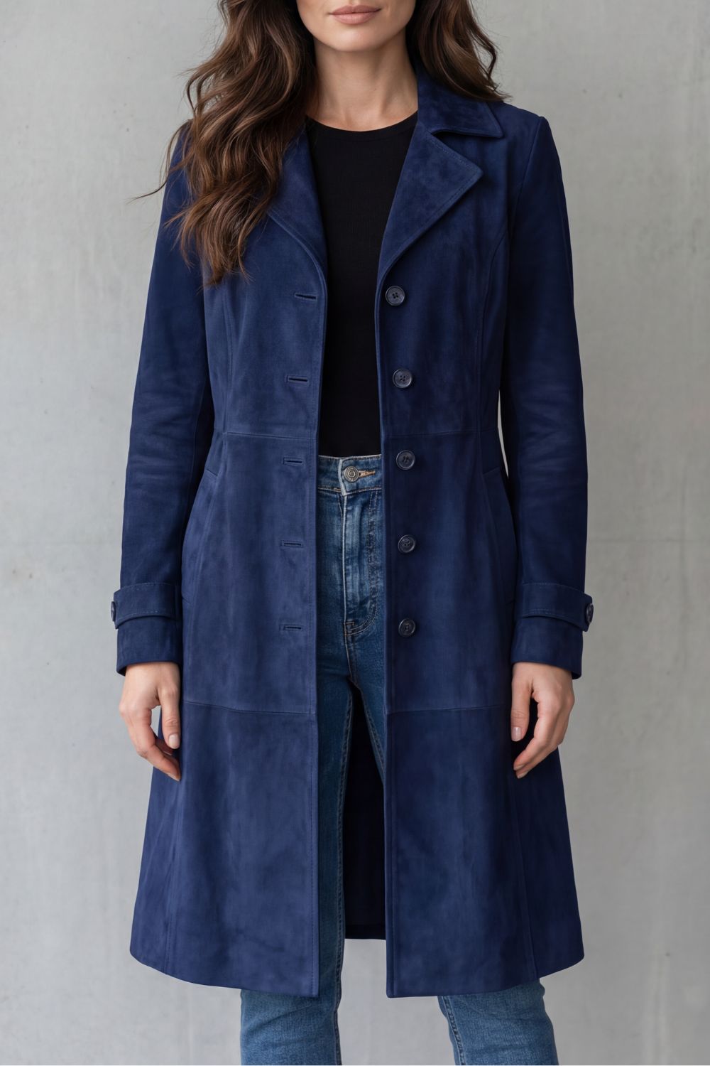 Disa - Geknöpfte Langjacke in Veloursleder-Optik