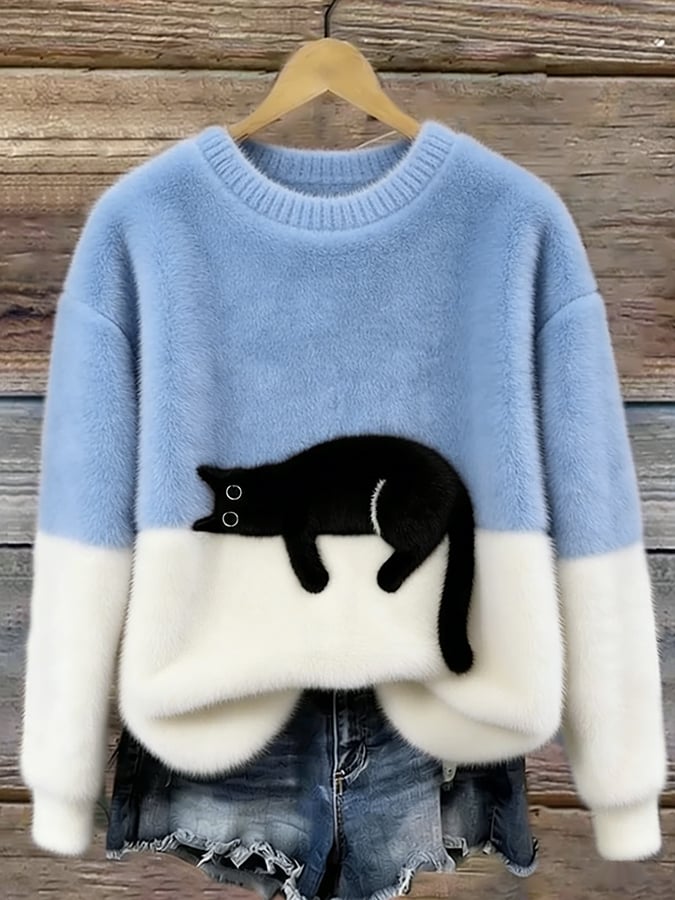 Doreen - Oversize-Strickpullover mit Katzenmotiv