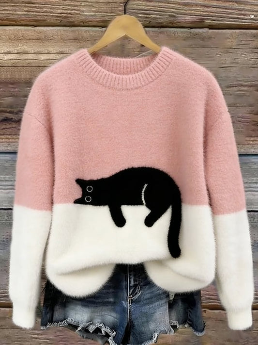 Doreen - Oversize-Strickpullover mit Katzenmotiv