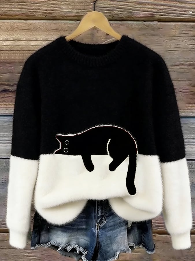 Doreen - Oversize-Strickpullover mit Katzenmotiv