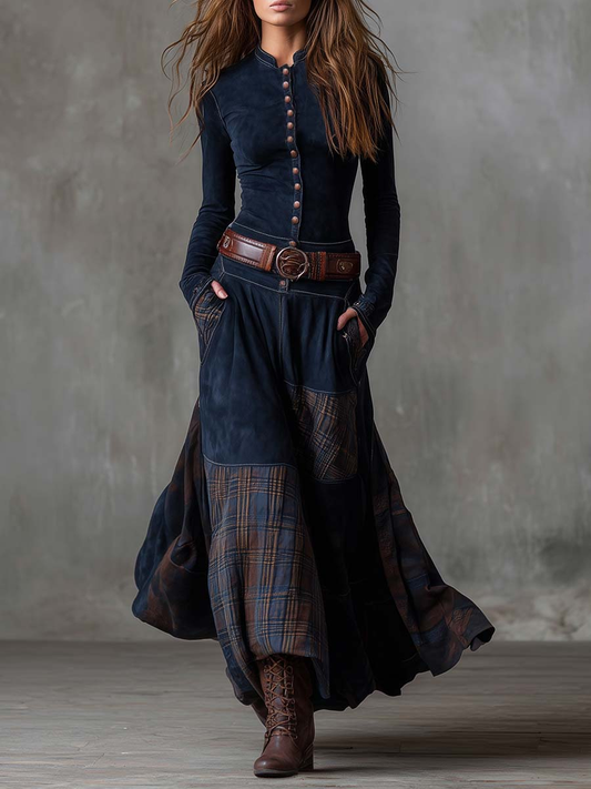 Elise - Patchwork-Maxikleid in Wildlederoptik
