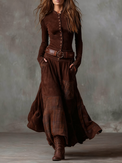 Elise - Patchwork-Maxikleid in Wildlederoptik