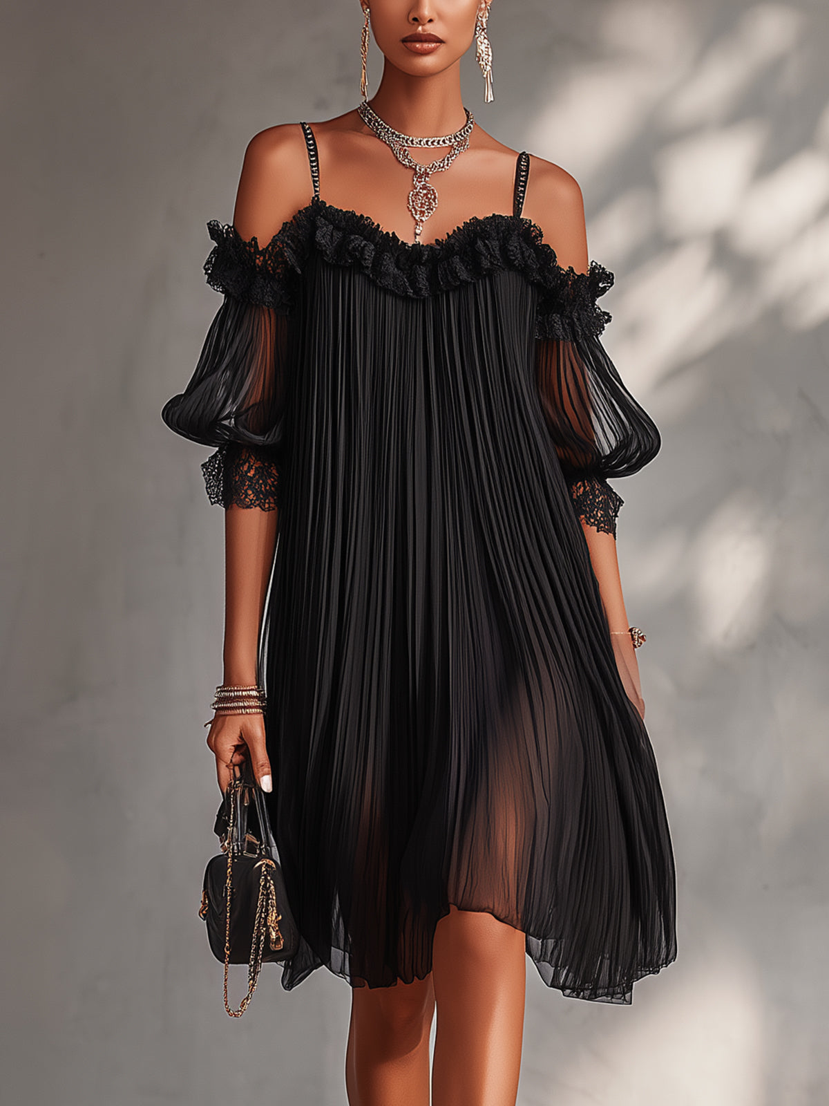 Elyra - Schulterfreies Chiffon-Minikleid mit Spitzenbesatz