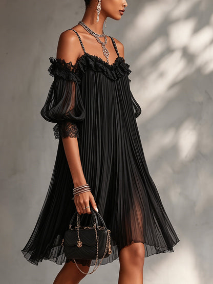 Elyra - Schulterfreies Chiffon-Minikleid mit Spitzenbesatz