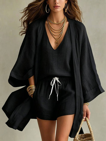 Aureva - Leinen-Dreiteiler mit Strickjacke
