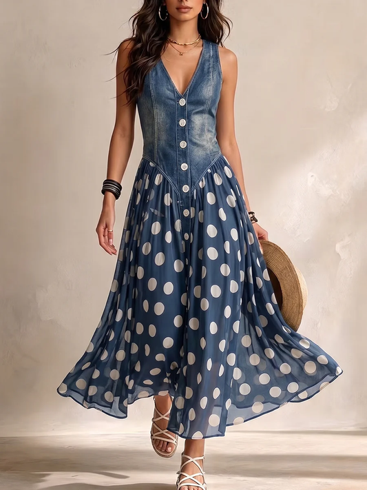 Jayne - Gepunktetes Chiffon-Midikleid mit Knopfleiste