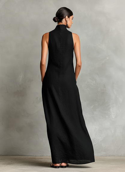 Solenne - Hochgeschlossenes Leinenmix-Maxikleid