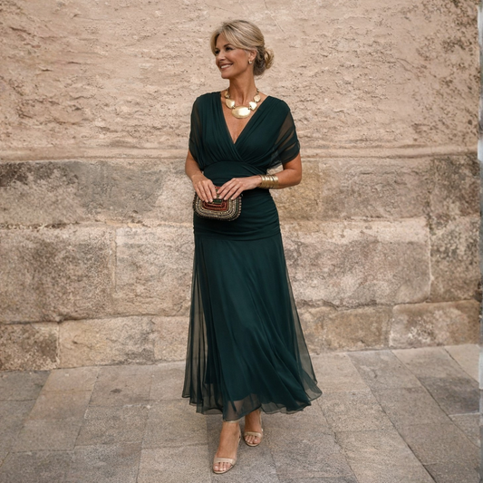 Mikaela - Schulterfreies Chiffon-Maxikleid
