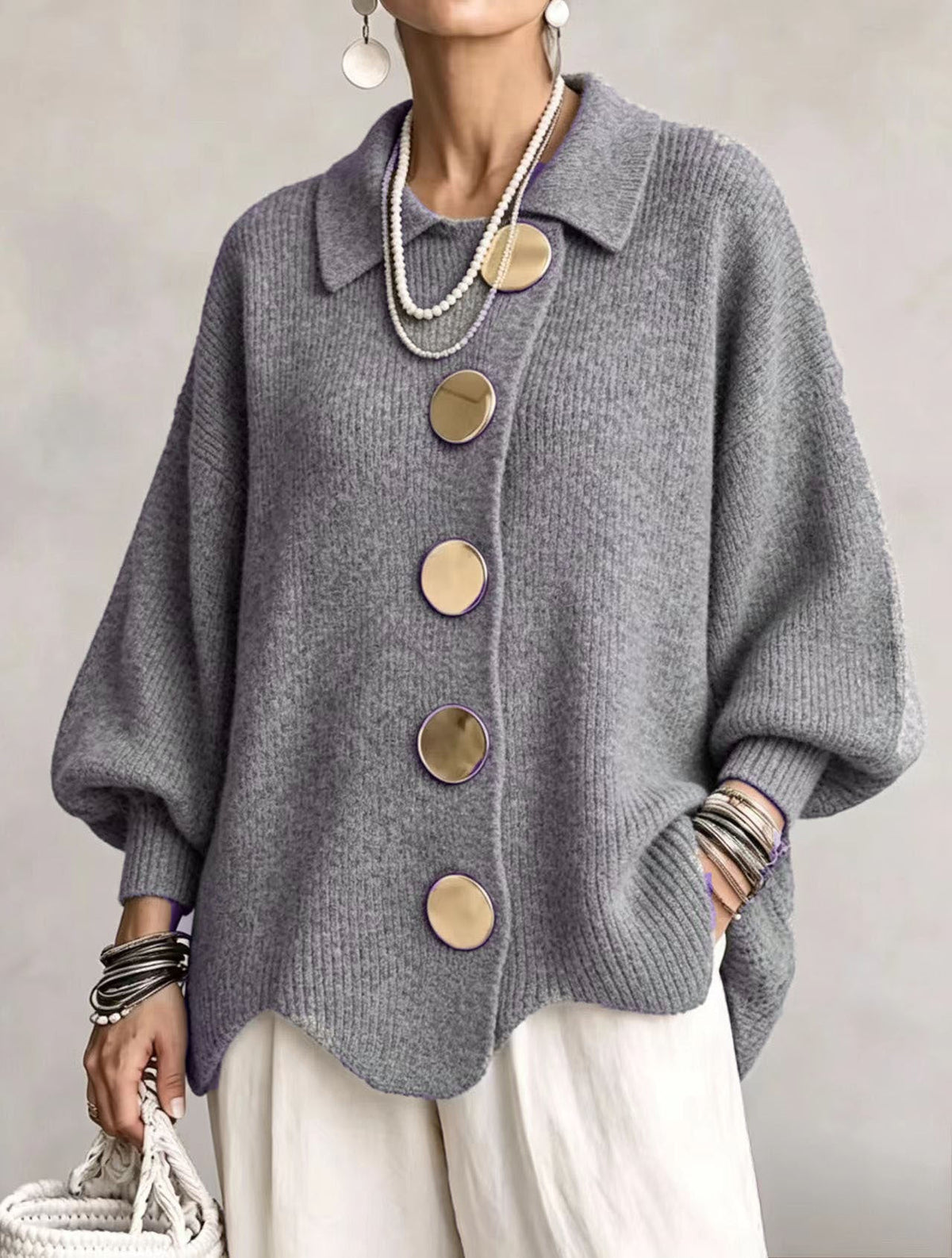 Mable - Oversize Grobstrick-Cardigan mit goldfarbenen Knöpfen