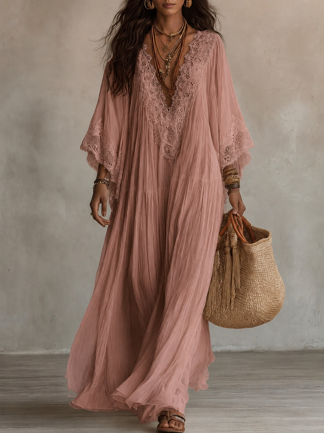 Rosalyn - Cremefarbenes Chiffon-Spitzen-Maxikleid