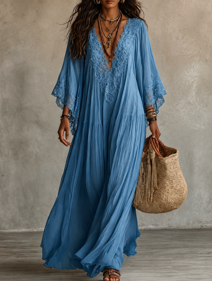 Rosalyn - Cremefarbenes Chiffon-Spitzen-Maxikleid