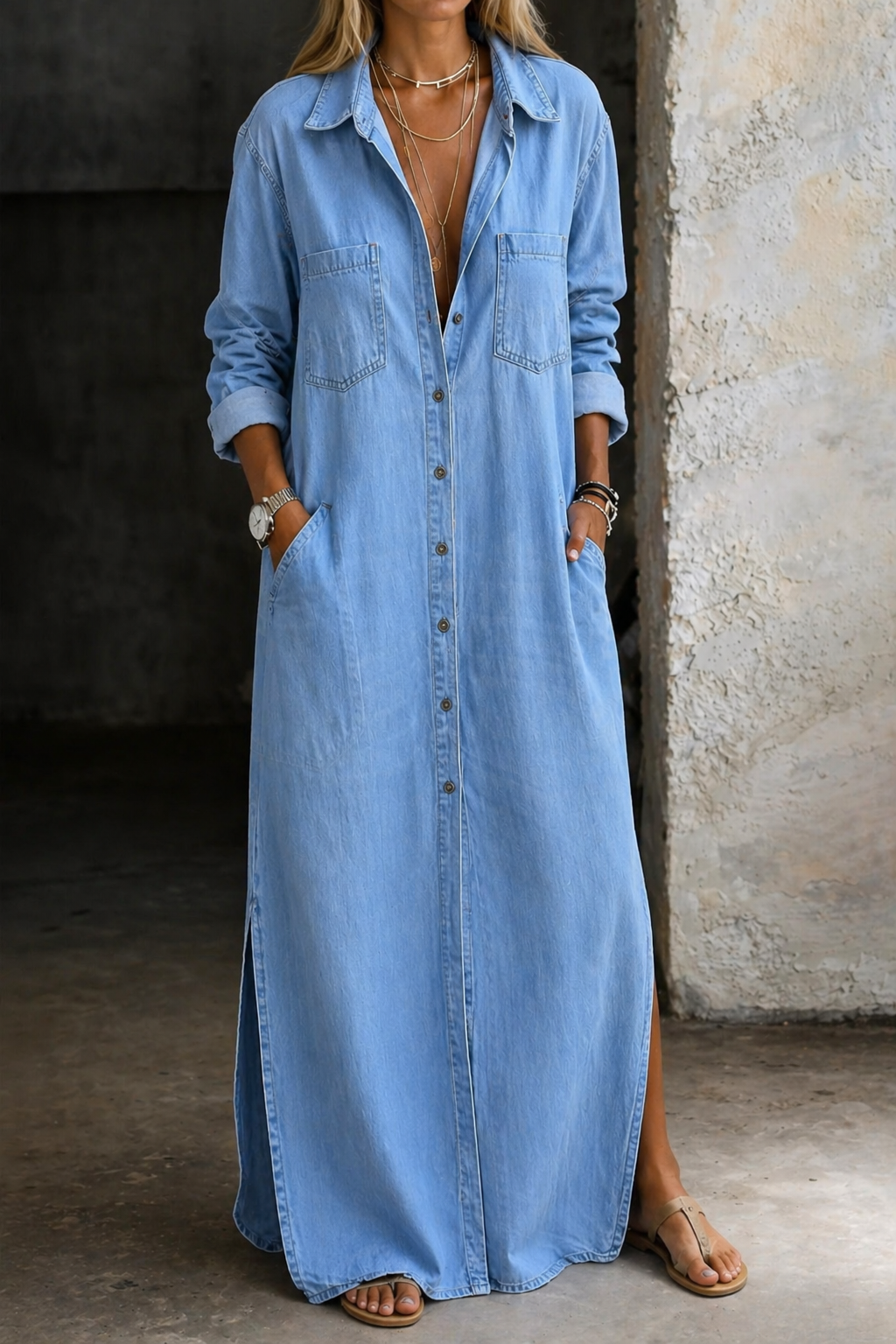 Velessa - Geknöpftes Maxi-Hemdblusenkleid