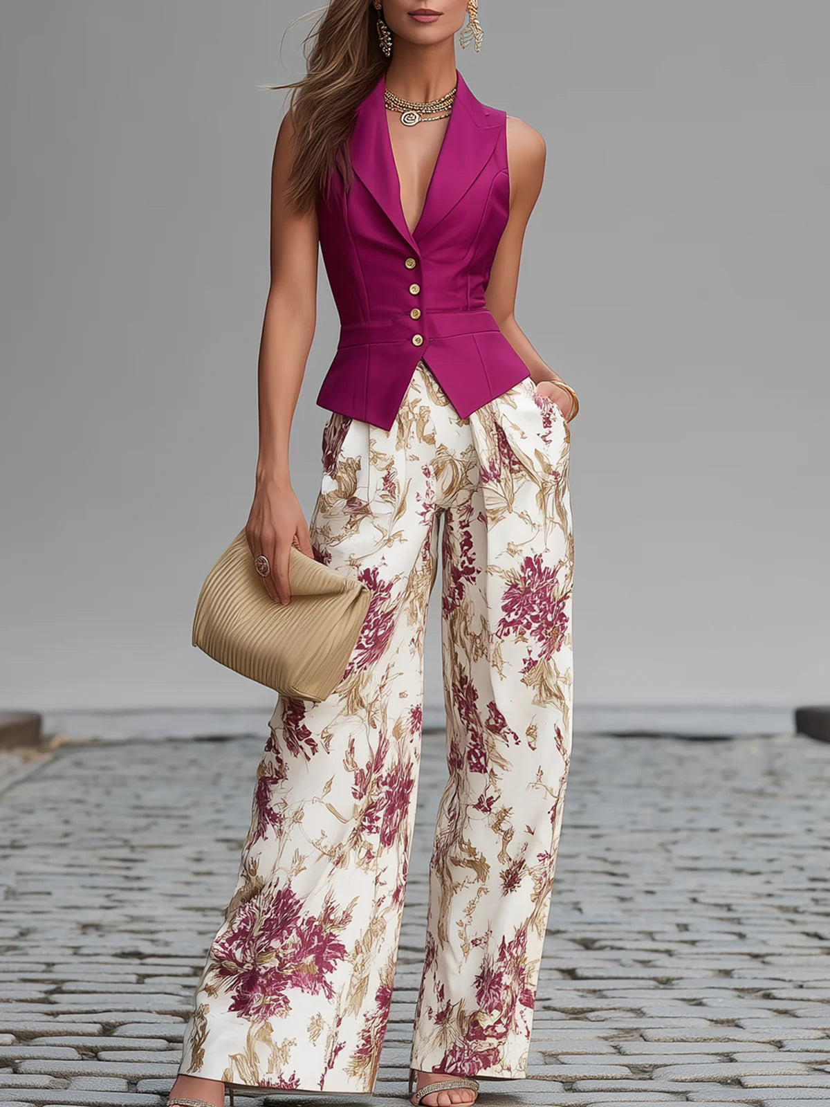 Ameline - Rosé-Weste und fließende Blumenhose