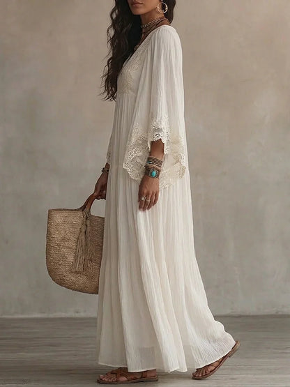 Rosalyn - Cremefarbenes Chiffon-Spitzen-Maxikleid