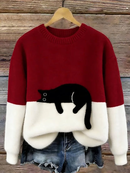 Doreen - Oversize-Strickpullover mit Katzenmotiv