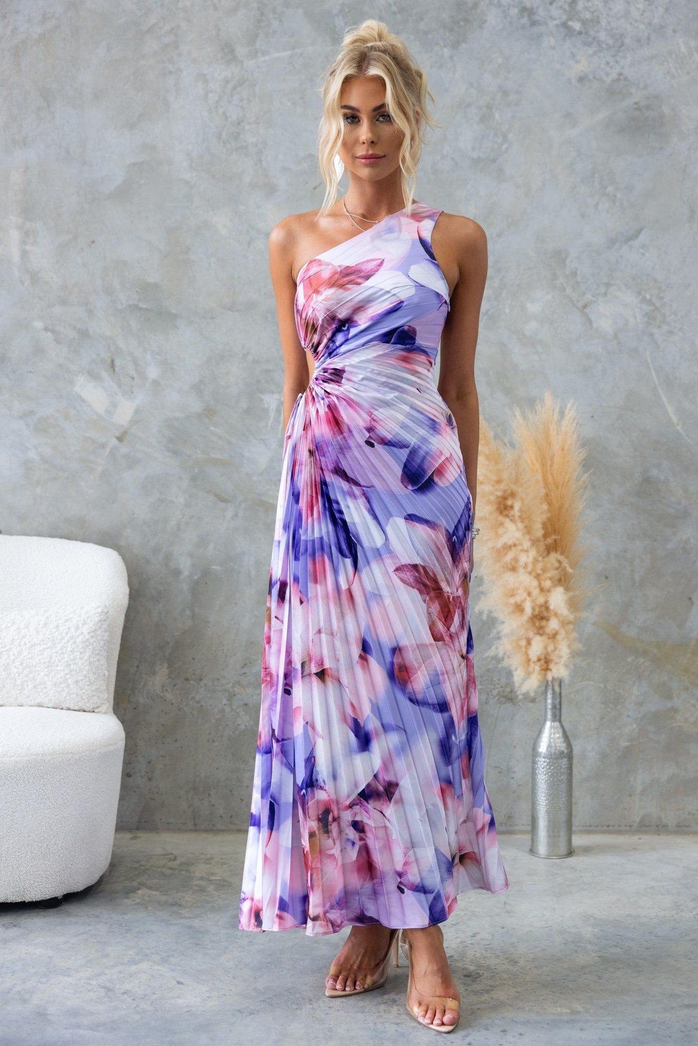 Lunara - Plissiertes One-Shoulder-Midikleid