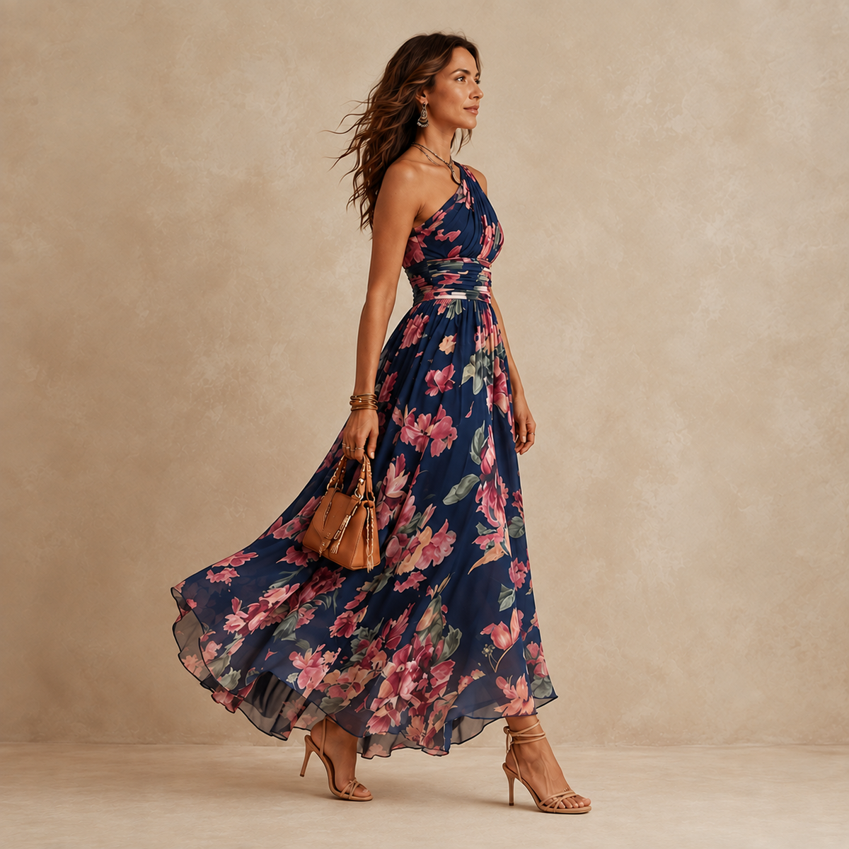 Celeste - Florales Chiffon-One-Shoulder-Maxikleid