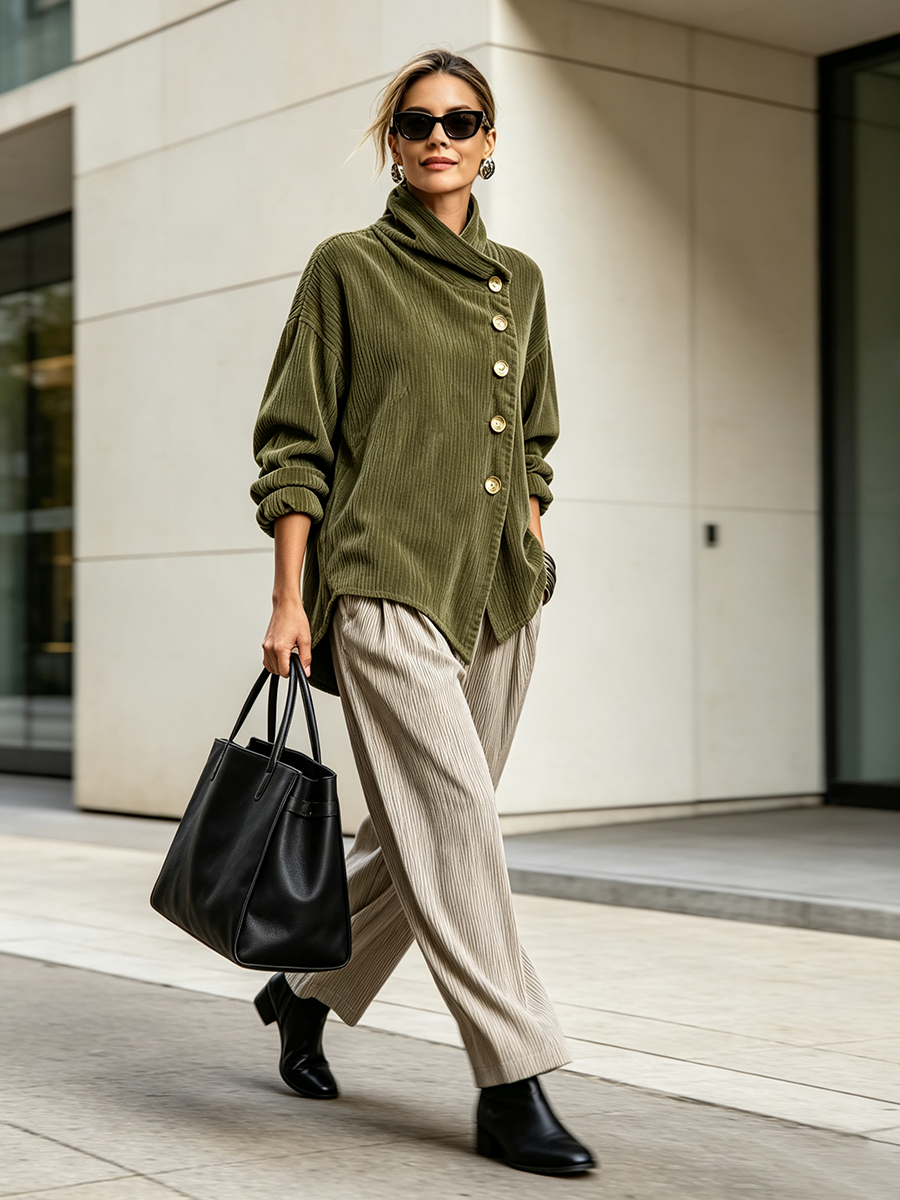 Renelle - Asymmetrische Rippstrick-Jacke mit Stehkragen