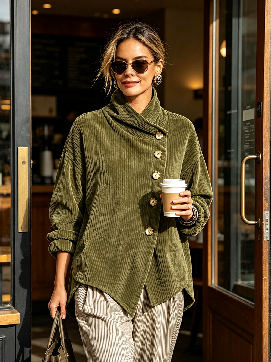 Renelle - Asymmetrische Rippstrick-Jacke mit Stehkragen